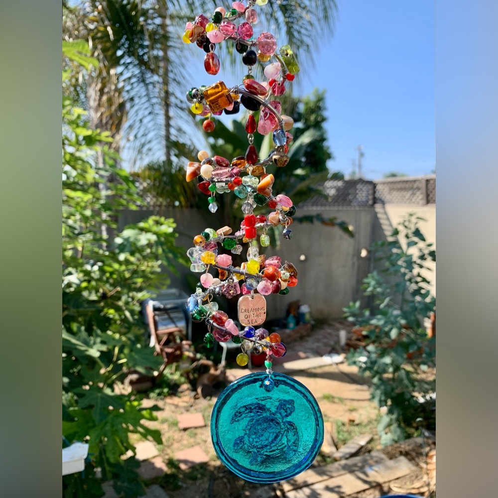 Stained Glass Blue Sea Turtle Beaded Ocean Metal Spiral Sun Catcher Mobile